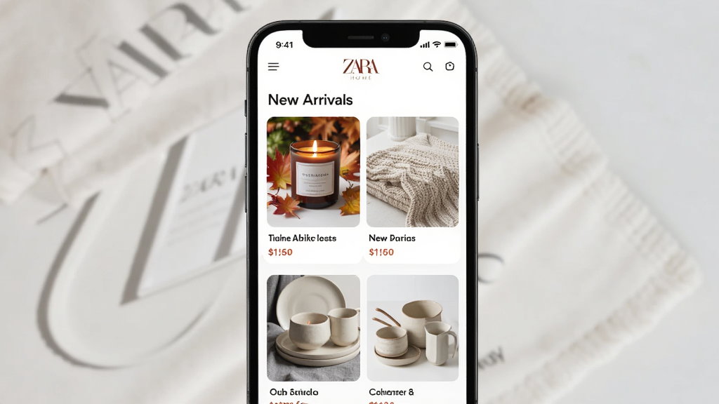 Zara Home应用内新品推荐页面,画面主体为手机界面截图,屏幕内展示“New Arrivals”标签下的家居新品列表,包含秋季香薰蜡烛、针织毯、陶瓷餐具等商品卡片,每张卡片配有高清商品图和价格标签,布局为纵向滚动列表,风格为简约时尚杂志风,细节上强调商品图片质感与界面留白,画质干净无多余元素