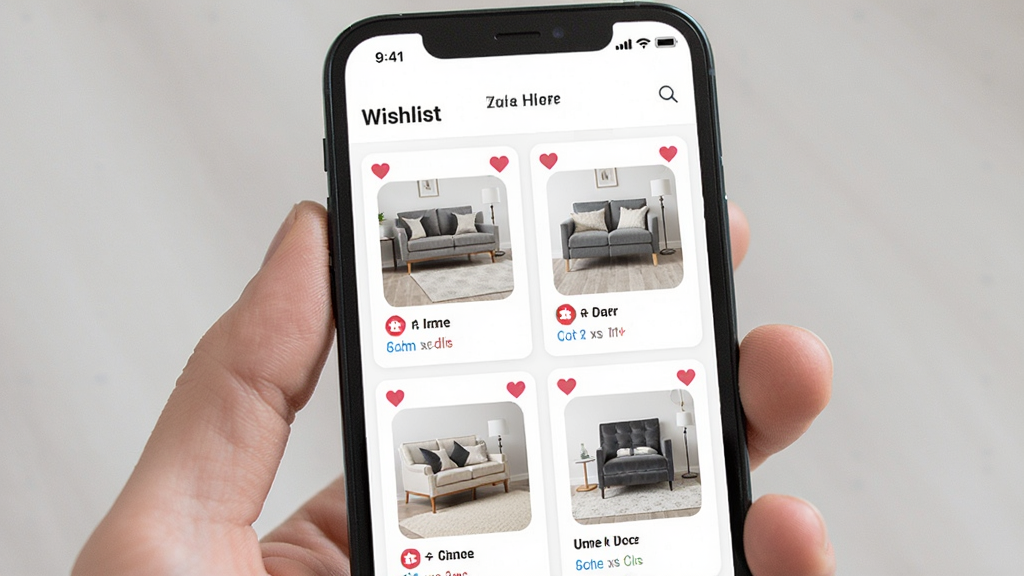 Zara Home应用心愿单界面,画面主体为手机屏幕,屏幕内显示“Wishlist”页面,包含多个已收藏的家居商品卡片,每张卡片有心形图标和商品缩略图,布局为网格排列,风格为清爽明快,细节上突出用户收藏状态与商品预览,画质清晰无多余元素