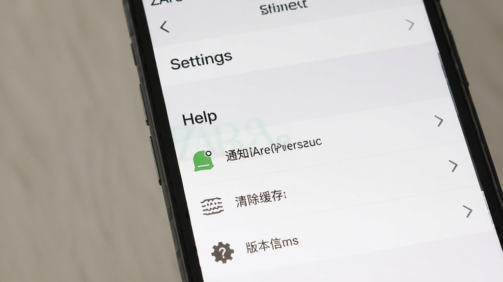 Zara Home应用设置与帮助界面,画面主体为手机屏幕,屏幕内显示“Settings”和“Help”菜单选项,包含账户管理、通知偏好、清除缓存、版本信息等条目,布局为纵向列表,风格为简洁实用,细节上突出图标与文字对齐清晰,画质干净无多余元素