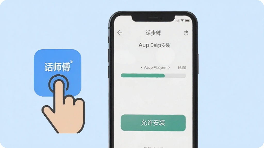 һ�š���ʦ����App��װ����ʾ��ͼ���������ֻ���Ļ��ʾ��װ�������͡�������װ����ť���Ա�����ָ�����ͼ�꣬������ǳ��ɫ������ƽ�����������������ʸɾ����޶���Ԫ��