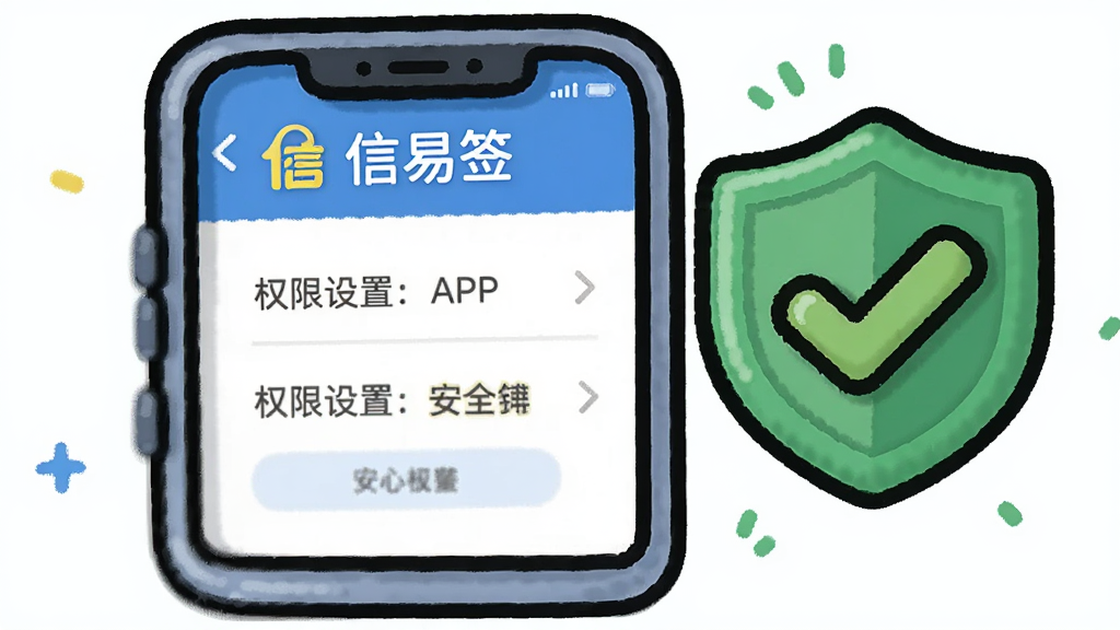 һ��AI���ɵ�ͼƬ��������һ����ͨ�����ֻ���Ļ����Ļ����ʾ������ǩ��APP��Ȩ������ҳ�棬�Ա���һ����ɫ�ĶԹ��Ͷ���ͼ�꣬��ʾ��ȫ�������ɾ�������ƽ���������������޶���Ԫ�ء�
