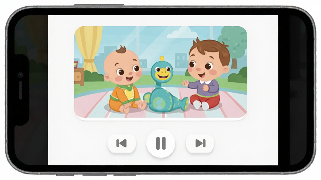 һ��չʾ babyfirst �޹��������ͼ��ʾ�ʣ�������һ���ֻ���Ļ��д����Ļ����ʾ�� babyfirst �Ķ��貥�Ž��棬�������������ڲ��ŵĿ�ͨ�������ײ��Ǽ��Ĳ��ſ��ư�ť����Ļ����û���κι�����򵯴������ָɾ���ˬ������ִ���ƽ��ϸ���ϰ�ťԲ�󣬻��ʸɾ����޶���Ԫ�ء�