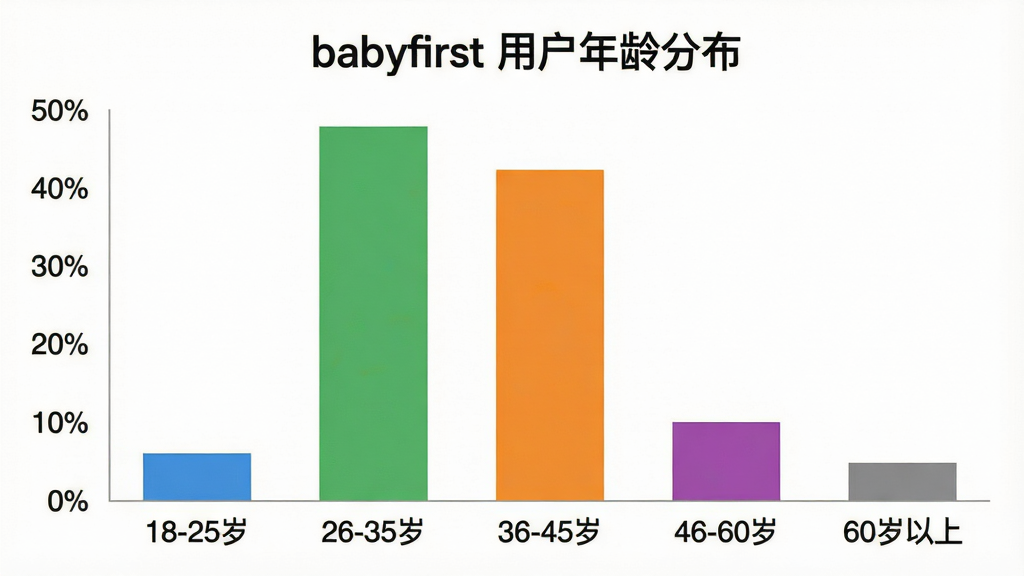 һ��չʾ babyfirst �û�����ֲ�����״ͼ��ͼ��ʾ�ʣ�������һ����״ͼ��ͼ������Ϊ��babyfirst �û�����ֲ���������Ϊ��18-25�ꡱ����26-35�ꡱ����36-45�ꡱ����46-60�ꡱ����60�����ϡ�������Ϊ�ٷֱȣ���״ͼ��ɫ�ֱ�Ϊ�����̡��ȡ��ϡ��ң���������������ִ���ƽ��ϸ�������Ӹ߶ȷֱ���ʾΪ10%��45%��30%��10%��5%������Ϊ��ɫ�����ʸɾ����޶���Ԫ�ء�