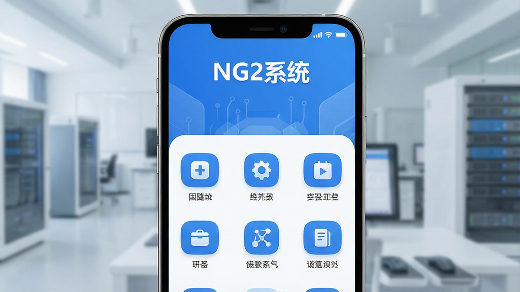 一张展示NG2系统核心全貌的图片,主体是一部智能手机屏幕,屏幕上显示NG2系统的功能主界面,界面上有清晰的“NG2系统”文字标识,布局简洁,排版干净,风格为现代科技感扁平化设计,细节上图标圆润、色彩以蓝白为主,画质清晰,无多余元素