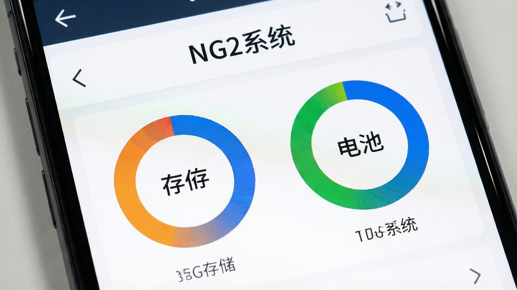 一张NG2系统状态检测功能的特写图,主体是手机屏幕显示NG2系统的检测结果页面,页面上有存储、内存、电池的环形图表和“NG2系统”字样,布局为上下结构,排版清晰,风格为简约数据可视化,细节上图表颜色区分明显,画质干净,无多余元素