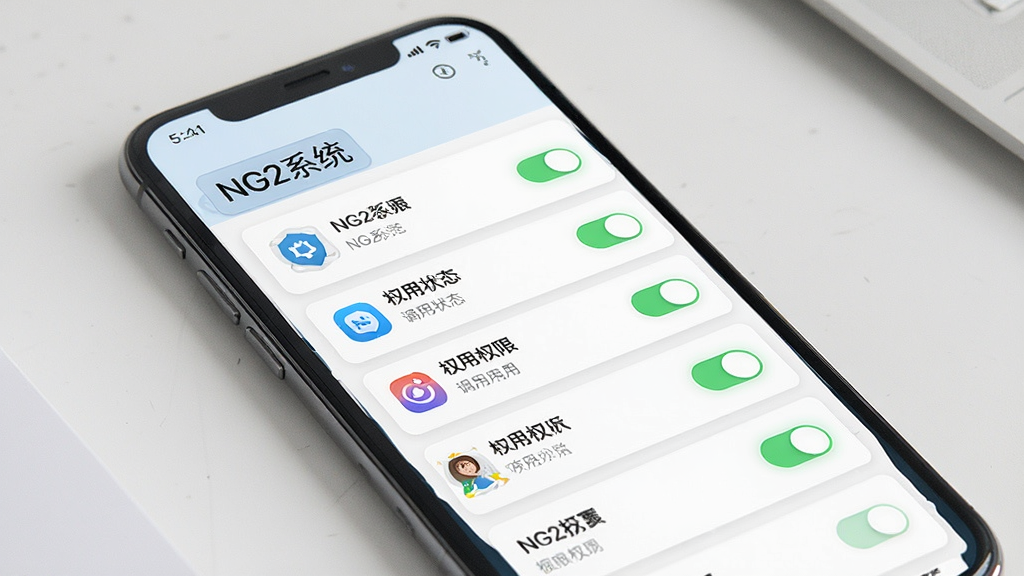 一张NG2系统权限管理界面的展示图,主体是手机屏幕显示NG2系统的权限列表,列表里展示不同应用的权限调用状态,有“NG2系统”的文字标签,布局为纵向列表,排版整齐,风格为清爽的卡片式设计,细节上权限开关按钮清晰可见,画质干净,无多余元素