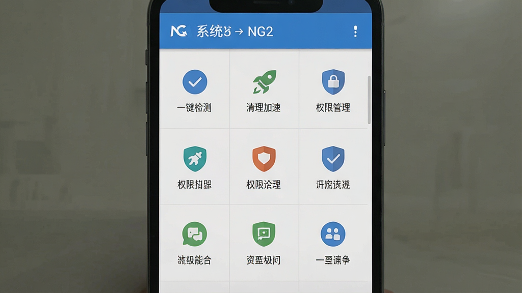 一张展示NG2系统在手机上运行时的操作界面图,主体是手机屏幕显示NG2系统的功能菜单,菜单上有“一键检测”“清理加速”“权限管理”等选项,布局为九宫格或列表形式,风格为扁平化设计,细节上图标简洁、文字清晰,画质干净,无多余元素