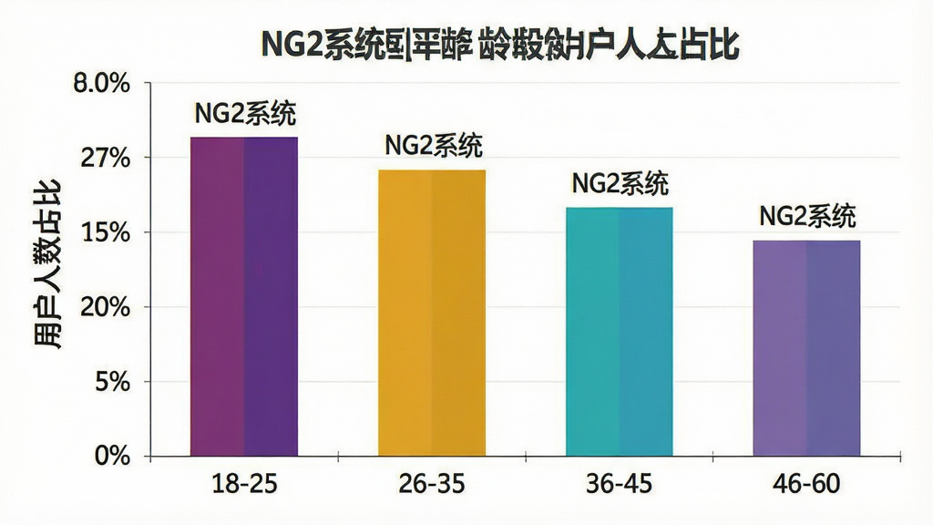 一张展示NG2系统不同年龄段用户人数占比的柱状图,主体是柱状图图表,横轴为年龄段18-25、26-35、36-45、46-60,纵轴为用户人数占比,柱子上方有“NG2系统”文字标识,布局为居中展示,风格为简约商务图表,细节上柱子颜色区分明显、数据标签清晰,画质干净,无多余元素