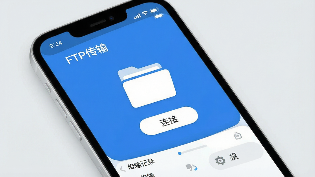 һ��չʾFTP�����ֻ�Ӧ���������ͼƬ�����������Ǽ���������ɫ���棬������ʾ��FTP���䡱Ӧ�����ƺ�״̬�����м���һ����Ŀ���ļ���ͼ������Ӱ�ť���ײ��д����¼������ѡ�������ǳ��ɫ���������ִ���ƽ��ͼ��Բ�󣬻��ʸɾ��������޶���Ԫ��