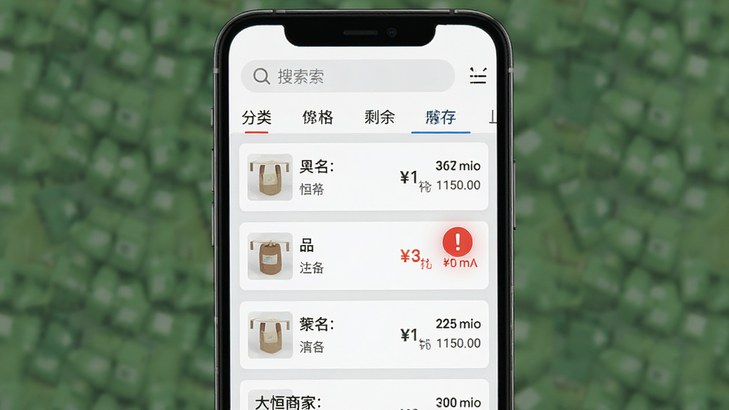 һ��չʾ������̼Ұ桱�����������ͼƬ���ֻ���Ļ��ʾ����Ʒ�б���ÿ����Ʒ�Ա������ơ��۸��ʣ�������֡�����һ����Ʒ�Ա���һ����ɫ�ĸ�̾��ͼ�꣬��ʾ��治��Ԥ�������涥����������ͷ����ǩ����������ˬ���԰�ɫ��ǳ��ɫΪ�����ص�ͻ��Ԥ����Ϣ������������