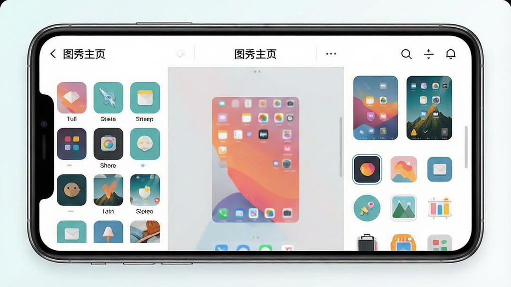 一张展示“图秀主页”软件核心界面的手机桌面美化效果图,画面主体是一部现代智能手机,手机屏幕显示着“图秀主页”APP的编辑界面,界面布局清晰,左侧是小组件库,中间是桌面预览区,右侧是壁纸和图标包选项,排版简洁现代,风格为扁平化设计,细节圆润,色彩明亮清新,画质干净,无多余元素,1080P高清