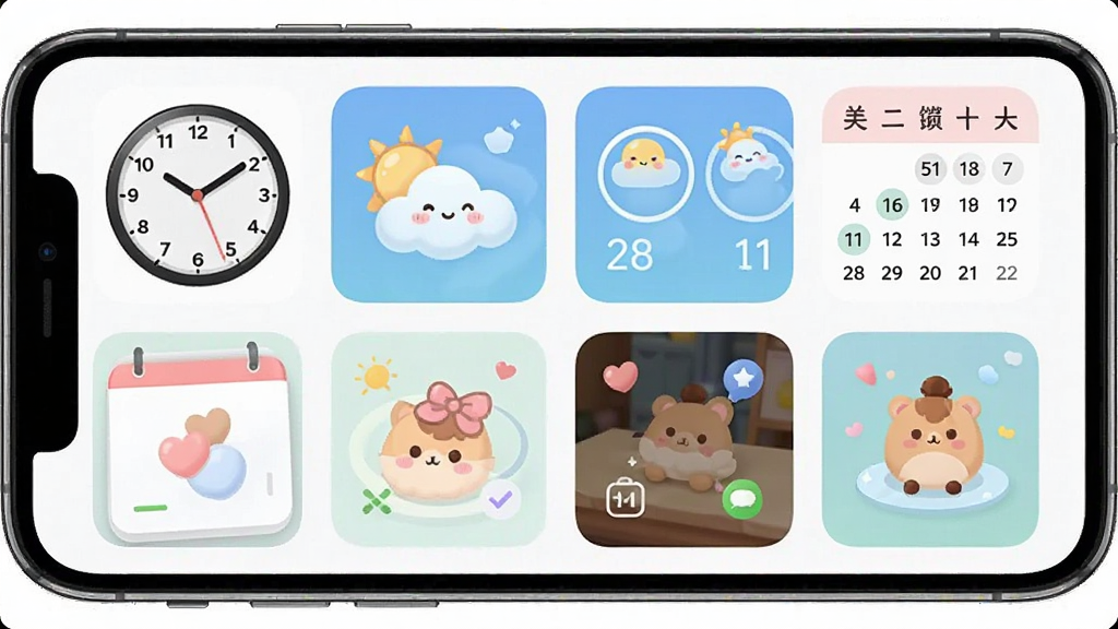 一张“图秀主页”小组件库的界面截图,画面主体是手机屏幕,屏幕内展示着各种样式的小组件卡片,包括时钟、天气、日历等,布局为网格排列,风格清新可爱,细节精致,画质干净,无多余元素