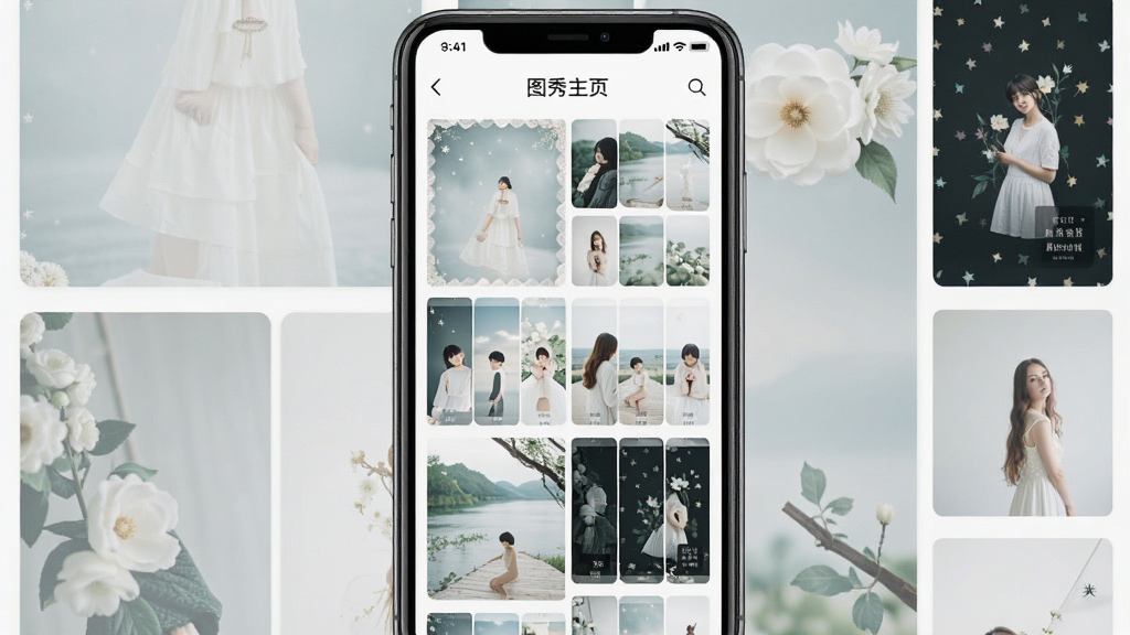 一张“图秀主页”主题壁纸选择界面的手机截图,画面主体是手机屏幕,屏幕内展示着多张不同风格的壁纸缩略图和主题套装,排版为瀑布流布局,风格唯美清新,细节丰富,画质干净,无多余元素