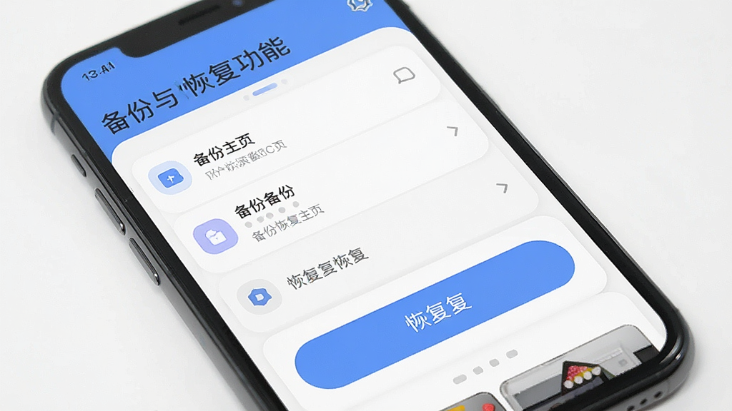 一张“图秀主页”备份与恢复功能的界面截图,画面主体是手机屏幕,屏幕内展示着备份列表和恢复按钮,布局简洁明了,风格现代,细节圆润,画质干净,无多余元素