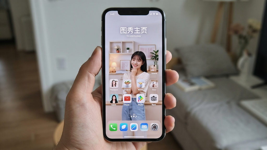 一张“图秀主页”在手机上运行流畅的实拍效果图,画面主体是手持手机,屏幕显示着美化后的桌面,布局美观,风格生活化,细节清晰,画质干净,无多余元素