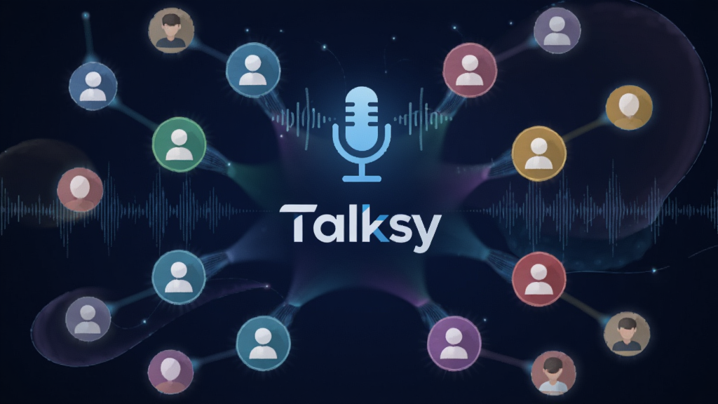 һ��չʾTalksy����ƥ���㷨�ĸ���ͼ��������һ���������˷�ͼ�������Ŷ����ͬ��ɫ���û�ͷ��ڵ㣬����Ϊ����״����ṹ���Ű潫Talksy��Logo��������λ�ã����Ϊ�Ƽ�������ϸ�ڰ���������������������͵����ӹ��ߣ����������ɾ����޶���Ԫ�ء�