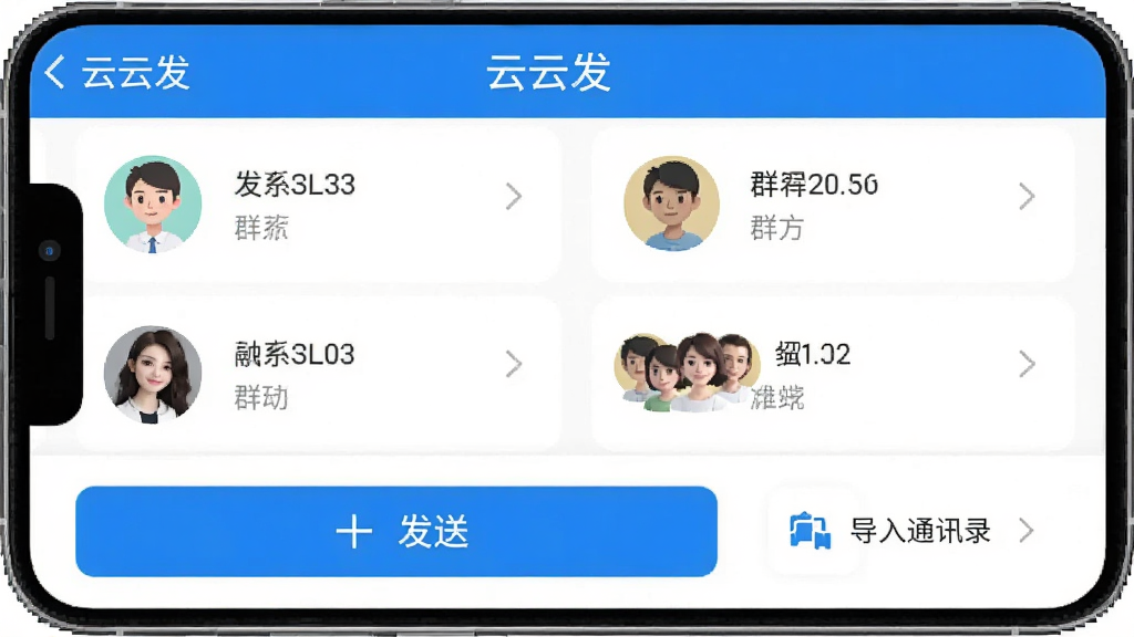 һ���ֻ�Ӧ�ý����ͼ���������ơ����Ʒ�����ʾ�ڶ���������������Ⱥ�������б������������ϵ�˺�Ⱥ��ͷ�񣬵ײ��з��Ͱ�ť�͵���ͨѶ¼ѡ����岼�ּ�࣬������ɫ�����������ɾ����޶���Ԫ��