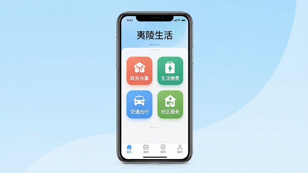 һ��չʾ���������App���Ľ�����ֻ�����ͼ�������������ֻ���Ļ����Ļ����ʾ��ҳ���֣������С�����������ֱ�ʶ���м�����������¡�����ɷѡ���ͨ���С����������ĸ���ɫ����ͼ�꣬�ײ�Ϊ������������Ϊǳ��ɫ���䣬���������ִ������ʸɾ��������޶���Ԫ��