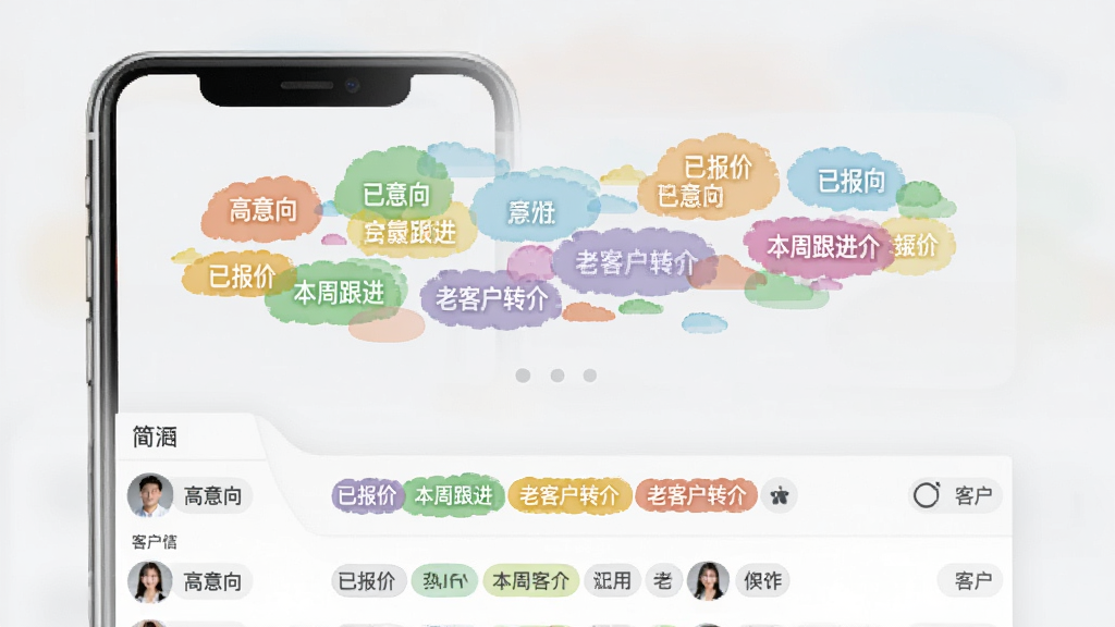 ����CRM�ͻ���ǩ�������棬�ֻ���Ļ��ʾ�����ɫ��ǩ�ƣ���ǩ��д�š������򡱡��ѱ��ۡ������ܸ��������Ͽͻ�ת�顱�����֣��·��ǿͻ��б�����ǩɸѡ��Ľ��������Ϊǳ��ɫ��������±�ƽ���������룬�����������޶���Ԫ�ء�