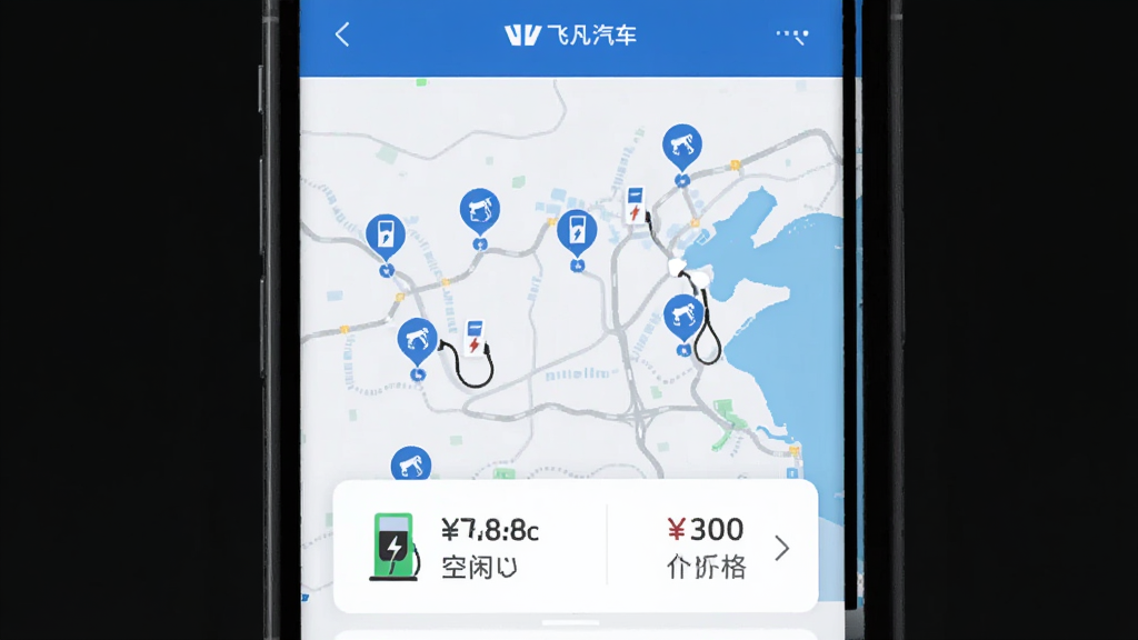 �ֻ���Ļչʾ���ɷ�������APP�ĳ���ͼ���棬��ͼ�Ϸֲ��Ŷ�����վͼ�꣬�·��������վ���鿨Ƭ����ʾ���׮���������ͼ۸񣬽����࣬��ɫΪ��ɫ����ͼ�����������ʸɾ��޶���Ԫ��
