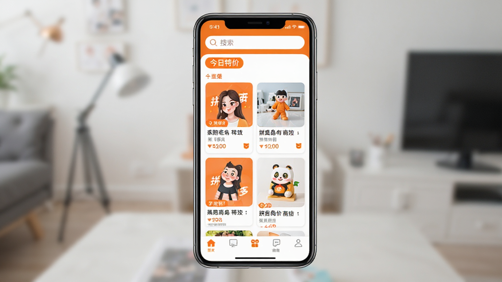 拼购特价省钱软件主界面展示,手机屏幕中央显示拼团商品列表,顶部有搜索栏和今日特价标签,底部导航栏清晰,整体以橙色和白色为主色调,风格简洁明快,布局规整,画质清晰干净,无多余元素