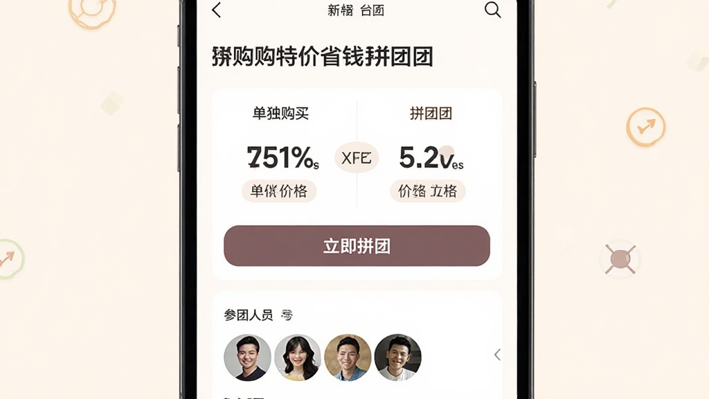拼购特价省钱拼团功能界面,手机屏幕显示一款家居用品的拼团详情页,单独购买价格和拼团价格对比明显,下方有立即拼团按钮和参团人员头像列表,背景为浅色,风格清爽,文字清晰,画质干净无多余元素