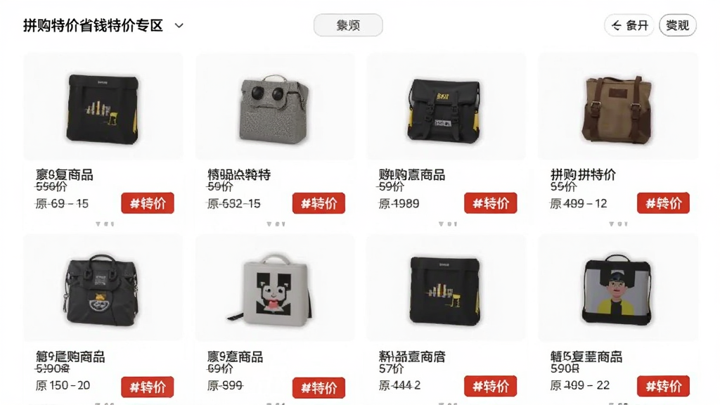 拼购特价省钱特价专区页面,手机屏幕展示每日更新的特价商品网格列表,每个商品卡片上有商品图、名称、原价划线价和特价标签,背景为白色,排版整齐,风格现代简约,画质清晰无杂乱元素