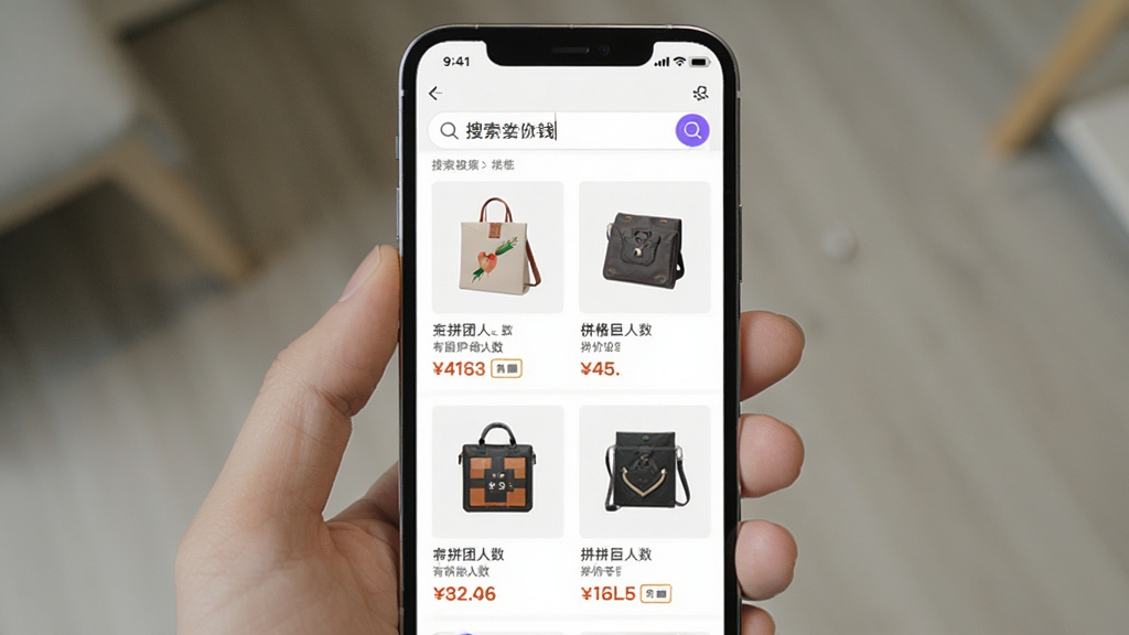 拼购特价省钱搜索比价界面,手机屏幕显示搜索框内输入了关键词,下方展示多个同款商品的搜索结果列表,每个结果标注了价格和拼团人数,界面布局清晰,风格简洁,画质干净无多余元素