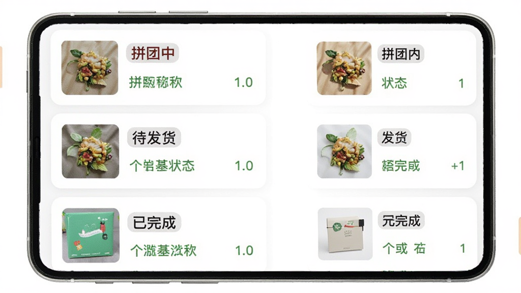 拼购特价省钱订单管理页面,手机屏幕显示订单列表,包含拼团中、待发货、已完成等状态标签,每个订单卡片有商品缩略图、名称和状态说明,界面干净整洁,风格扁平化,画质清晰无多余元素