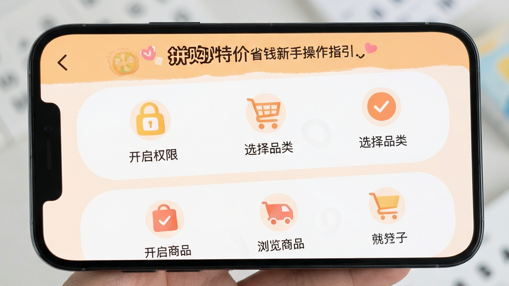 拼购特价省钱新手操作指引界面,手机屏幕显示分步引导页面,包含开启权限、选择品类、浏览商品等步骤图标,背景为浅橙色,风格友好,文字清晰,画质干净无多余元素