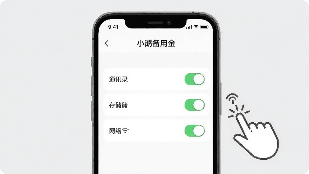 һ���ֻ�����ʾ��ͼ��������չʾ��С�챸�ý�APP��Ȩ������ҳ�棬��Ļ���С�ͨѶ¼�����洢�������硱����Ȩ�޿��أ��Ա�����ָ�����ͼ�꣬����Ϊ�ɾ���ǳ��ɫ����������ˣ����������޶���Ԫ��