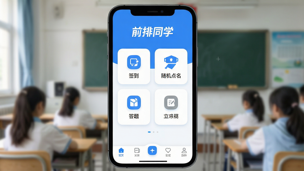 一张展示“前排同学”APP核心界面的图片,画面主体是一部智能手机,手机屏幕亮起显示APP主界面,界面顶部是“前排同学”文字logo,中间区域显示课堂互动功能图标(签到、随机点名、答题等),底部是导航栏,整体布局简洁明了,排版采用卡片式设计,风格现代清新,细节上图标圆润、色彩以蓝白为主,画质清晰干净,无多余元素,模拟真实应用截图效果
