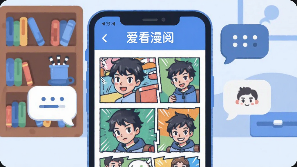 手机屏幕展示漫画阅读界面,画面中央是色彩鲜艳的漫画分镜,顶部有