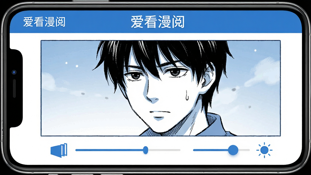 手机横屏展示漫画阅读界面,画面干净无广告,底部有翻页进度条和亮度调节滑块,屏幕上方有