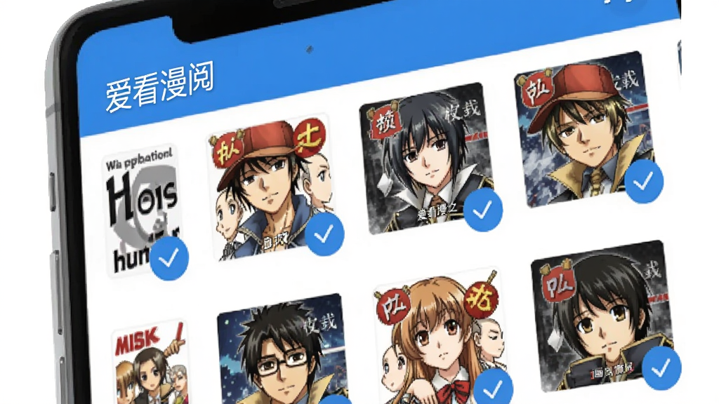 手机显示漫画下载管理界面,列表中多个漫画封面带有下载完成打勾图标,顶部有