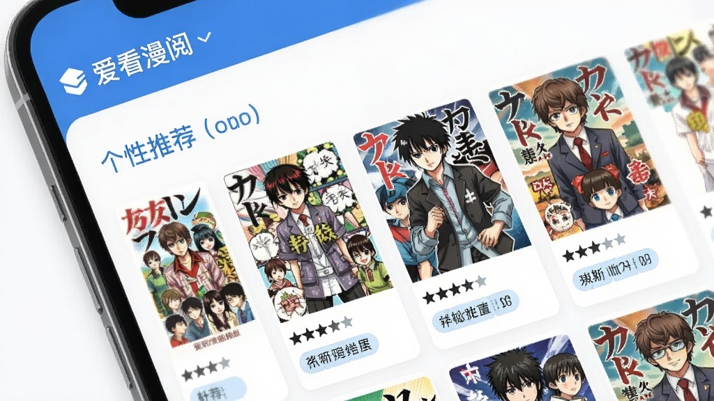 手机屏幕展示漫画推荐页面,卡片式布局排列多部漫画封面,每张卡片有评分和标签,顶部有