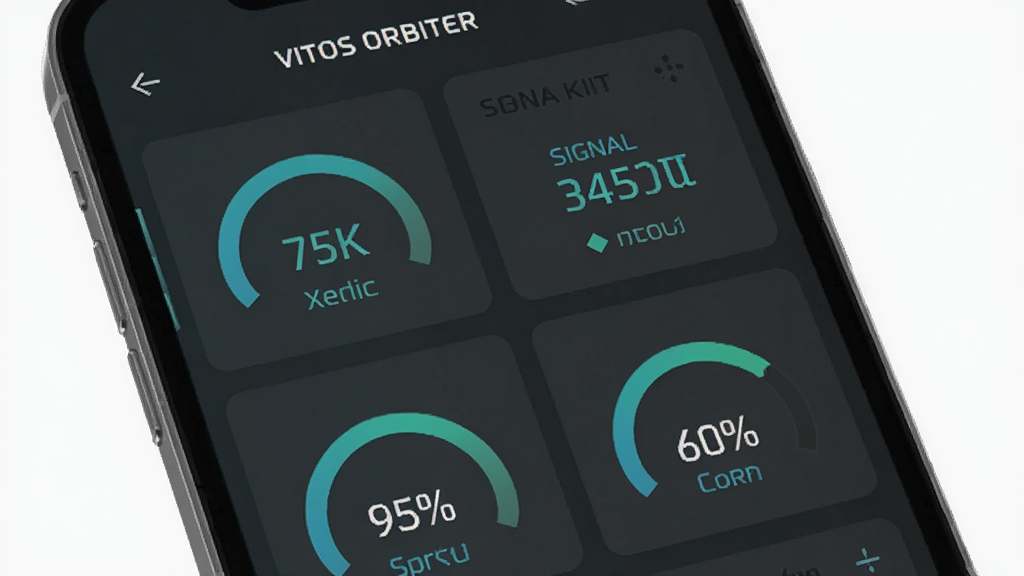 һ��VitOS Orbiter�豸״̬��ع��ܵ���дͼ�������������ֻ���Ļ����Ļ������չʾ���豸����ʱ�����ź�ǿ�ȡ������ٷֱȵ��Ǳ���ʽ���ݿ�Ƭ������������ɫ�����֣����������ɫ����������רҵ�����ʸɾ����޶���Ԫ��