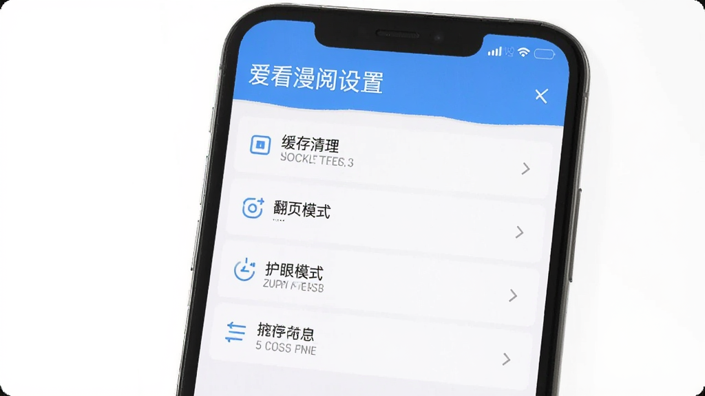 手机屏幕展示爱看漫阅设置界面,包含缓存清理、翻页模式、护眼模式等选项,顶部有
