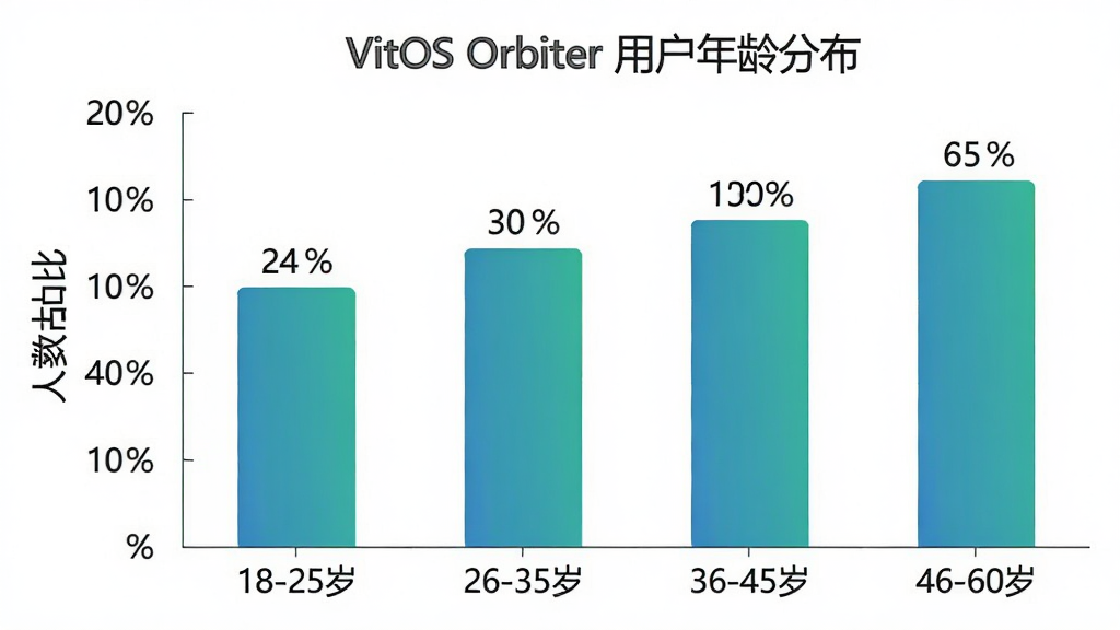 һ��VitOS Orbiter�û�����ֲ���״ͼ�������ע����Ρ�18-25�ꡱ��26-35�ꡱ��36-45�ꡱ��46-60�ꡱ�������ע����ռ�Ȱٷֱȣ���״ͼ��ɫΪ���������ɫ��ÿ�������Ϸ����о���ٷֱ���ֵ������ͼ��������ִ���������ɫ�����ʸɾ����޶���Ԫ��