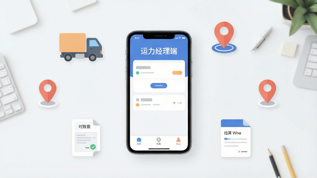 一张展示运力经理端App核心界面的手机模型图,手机屏幕显示“运力经理端”文字标题,背景是干净浅色办公桌面,手机周围环绕着货车、定位图标、对账单、结算单等扁平化小元素,整体布局为居中手机主图加上下排版文字,风格现代扁平化,细节圆润,画质干净无多余元素,高清2K分辨率。