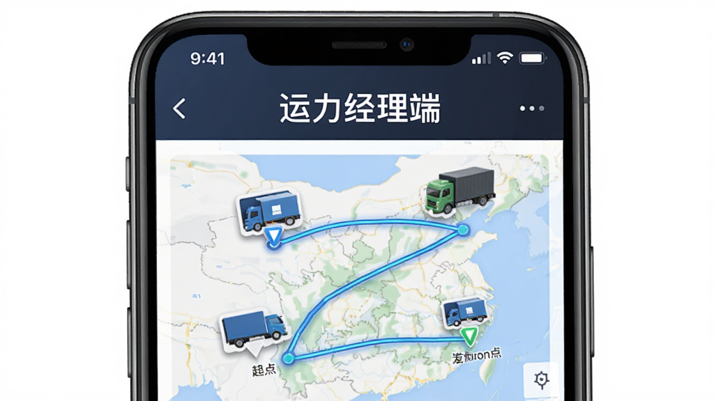 一个展示运力经理端车辆定位功能的手机界面,屏幕中间是“运力经理端”文字标题,下方是一张地图,地图上显示几辆货车图标和移动轨迹线条,布局为手机屏幕占主体,地图上标注起点终点,风格写实科技感,细节清晰,画质干净无多余元素。