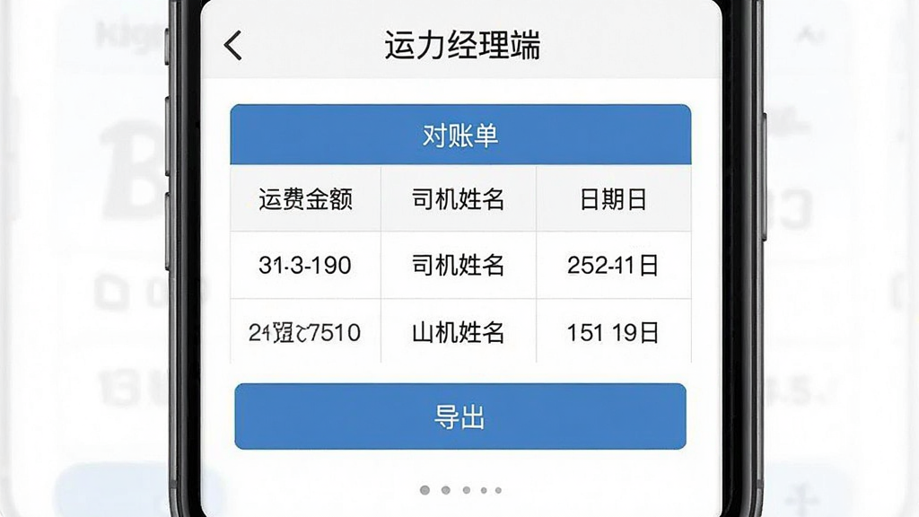 运力经理端App的运费结算界面截图,手机屏幕上方显示“运力经理端”文字,中间是一个对账单表格,表格里有运费金额、司机姓名、日期等字段,下方有导出按钮,布局为手机界面展示,风格简洁商务,细节清晰,画质干净无多余元素。