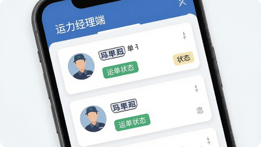 运力经理端运单指派界面,手机屏幕上方“运力经理端”文字,中间是运单卡片列表,卡片上有司机头像、车辆车牌、运单状态标签,布局为卡片式手机界面,风格现代扁平,细节清晰,画质干净无多余元素。