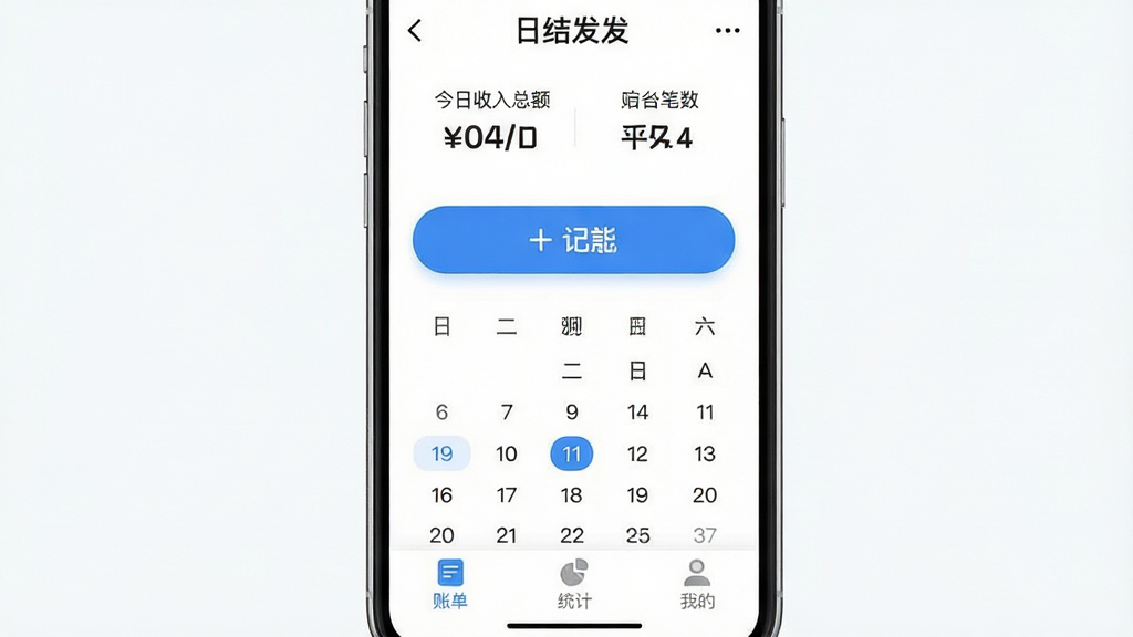 �ֻ�Ӧ�ý����ͼ������Ϊ���սᷢ����APP��ҳ�棬���ֶ�����ʾ���������ܶ�ͱ������м�����Ŀ�ļӺż��˰�ť��������ͼ���ײ�Ϊ�˵���ͳ�ơ��ҵ�����ѡ����Ű�������������ִ���ƽ����ϸ��Բ�󣬻��ʸɾ��޶���Ԫ�أ���ɫ��������ɫ����ɫ������������ע���սᷢ����