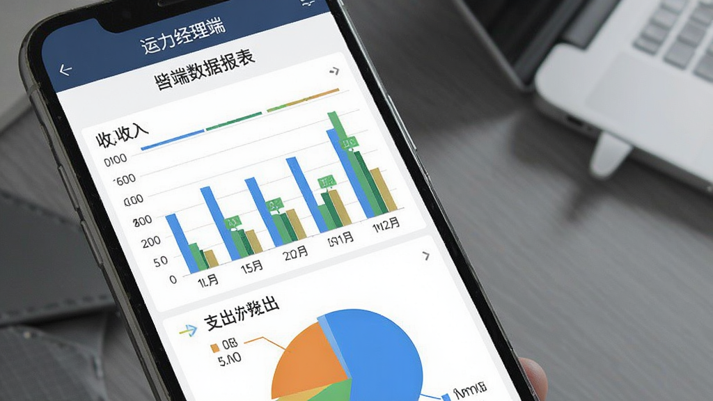 运力经理端数据报表界面,手机屏幕显示“运力经理端”文字,屏幕内容为柱状图和饼图,图表显示收入和支出数据,布局为上方标题下方图表,风格商务简洁,细节清晰,画质干净无多余元素。