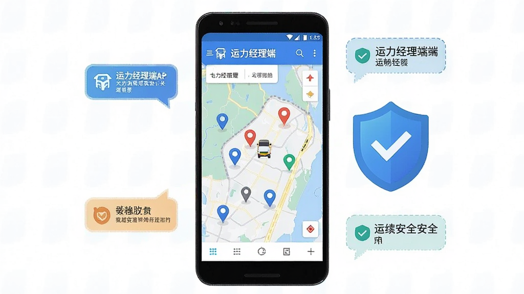一张展示运力经理端App在安卓手机上运行流畅的示意图,手机屏幕显示“运力经理端”文字和车辆定位地图界面,手机旁边有一个打勾的盾牌图标表示安全,布局为手机居中,周围有提示气泡,风格扁平化科技感,细节清晰,画质干净无多余元素。