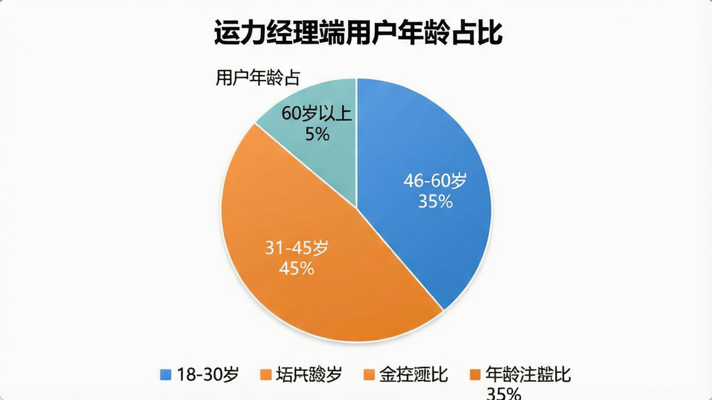 一张展示运力经理端用户年龄分布的饼状图,图表标题为“运力经理端用户年龄占比”,饼图分为四块,分别标注“18-30岁 15%”“31-45岁 45%”“46-60岁 35%”“60岁以上 5%”,布局为饼图居中,下方有图例说明,风格商务简洁,细节清晰,画质干净无多余元素。