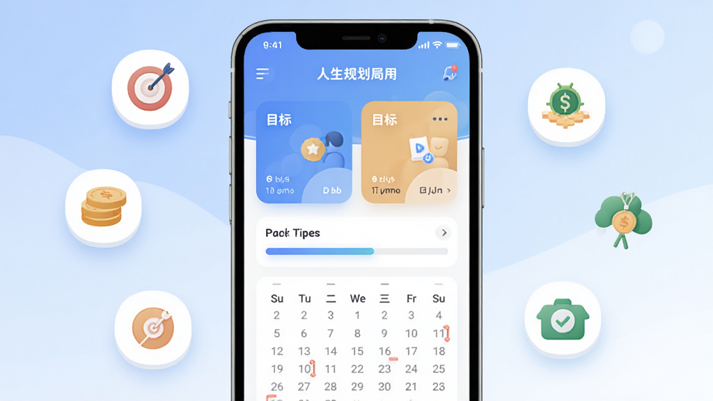 �����滮��Ӧ��������չʾ�������������ֻ���Ļ����Ļ����ʾ�����滮��app����ҳ������Ŀ�꿨Ƭ����������������ͼ����������͵����׽��䣬��ΧƯ��������Ŀ�ꡢϰ�ߡ����Ƶ�Сͼ�꣬����ƽ�ִ���ϸ��Բ�󣬻��ʸɾ��������޶���Ԫ��
