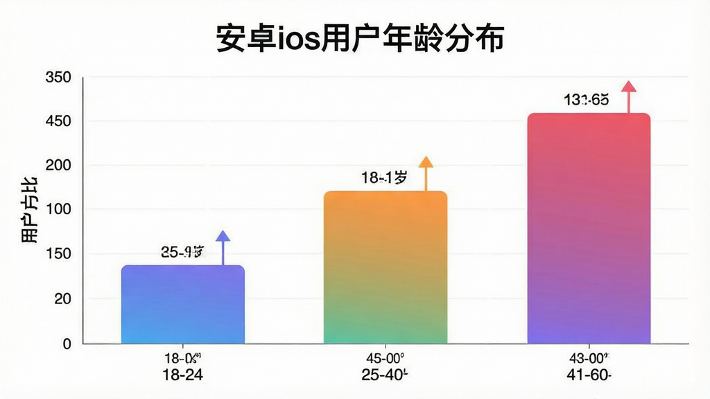 һ��չʾ��׿ios�û�����ֲ�����״ͼ������Ϊ��״ͼͼ�������ֺ���Ϊ���������Ϊ�û�ռ�ȣ��Ű������ˣ�������ݿ��ӻ���ϸ����������ɫ����������ע��18-24�ꡢ25-40�ꡢ41-60���������䣬���ʸ���ɾ����޶���Ԫ�أ��������д�š���׿ios�û�����ֲ���