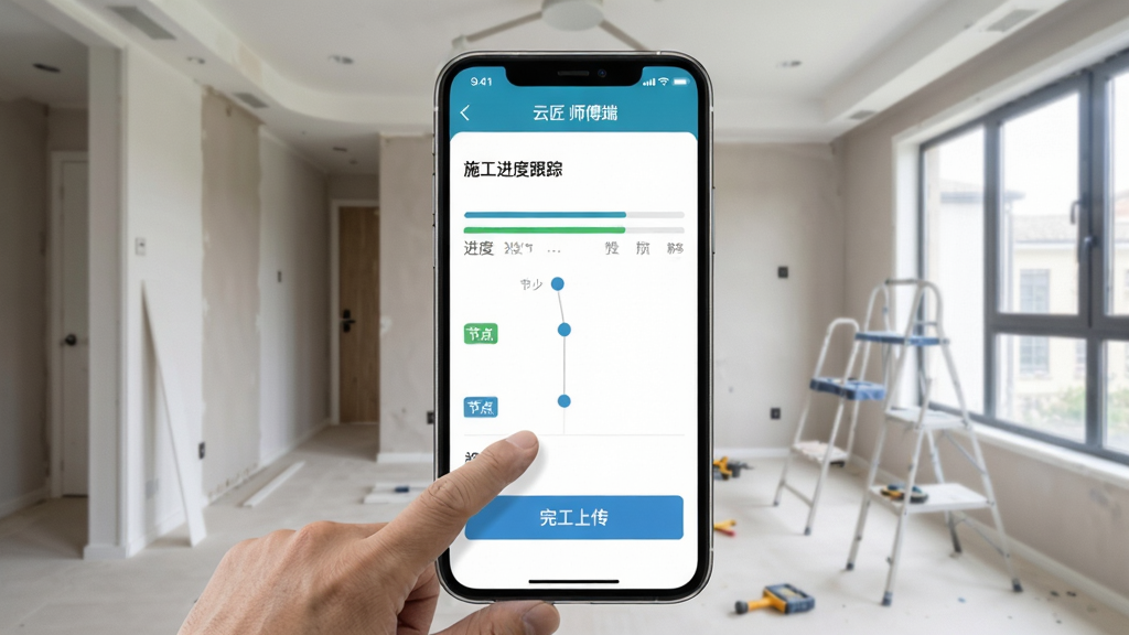 �ֻ���Ļ��ʾ���ƽ� ʦ���ˡ�ʩ�����ȸ���ҳ�棬�н������ͽڵ��ǣ�һλʦ�����ڵ�����깤�ϴ�����ť��������װ���������ķ��䣬���дʵ�����ʸɾ��޶���Ԫ��